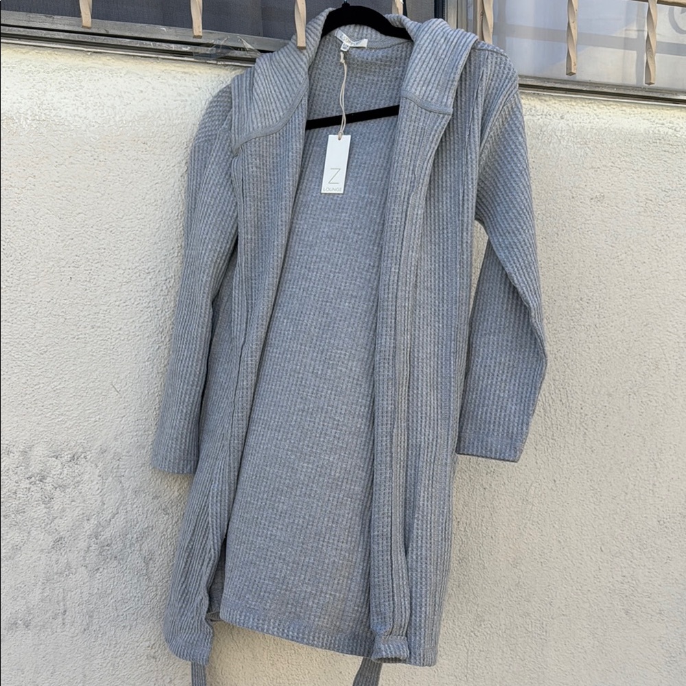 Gray Ribbed Knit Hooded Cardigan